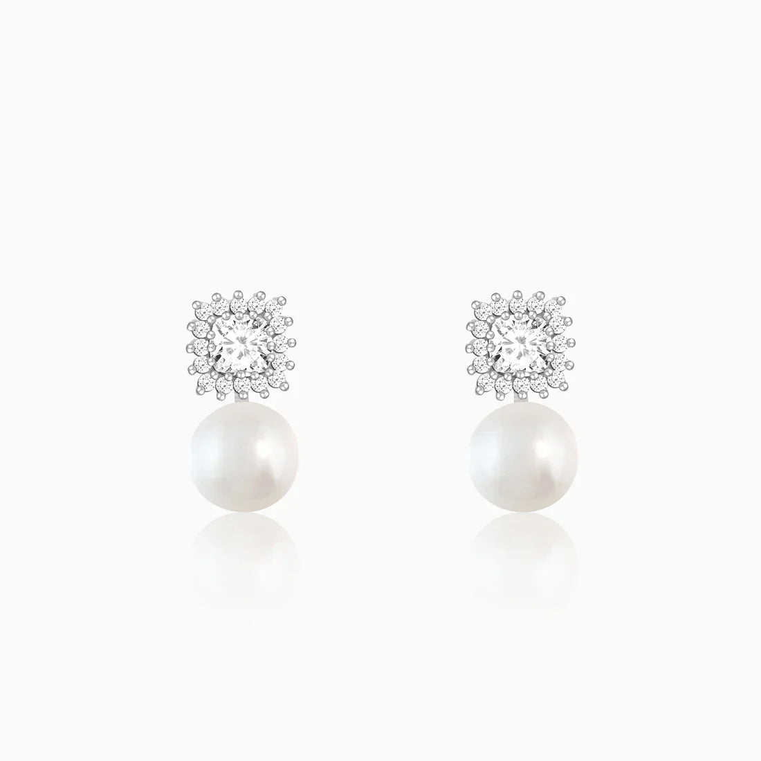 Silver Studded Drop Pearl Stud Earrings