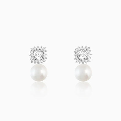 Silver Studded Drop Pearl Stud Earrings