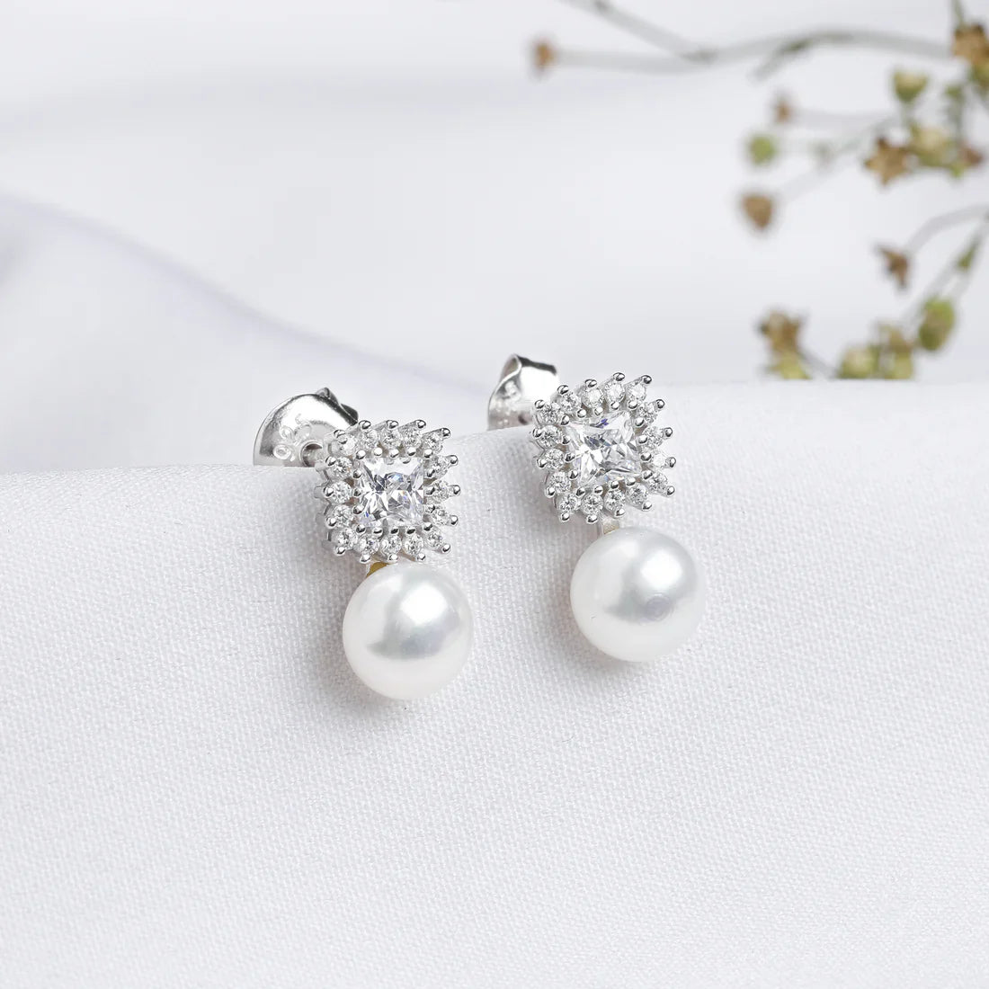 Silver Studded Drop Pearl Stud Earrings