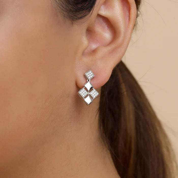 Silver Elegant Studded Sqaure Earrings